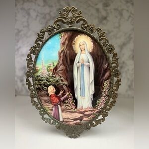 Vintage Our Lady of Lourdes Plaque,Domed Glass & Ornate Brass Frame,Italian